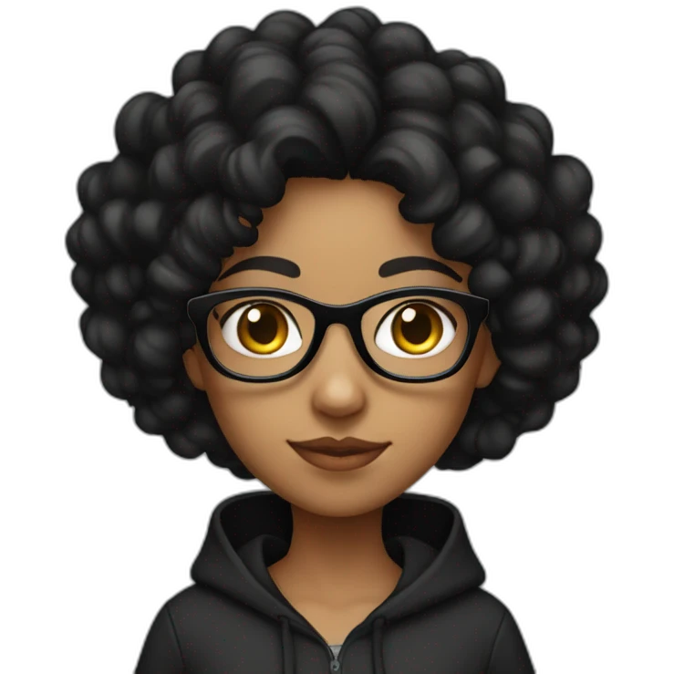 indian girl with glasses with black curly hair wearing a black hoodie with no zipper emoji