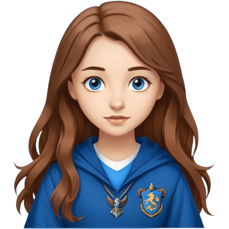 gorgeous Girl with light skin, blue eyes, long brown hair, wears a ravenclaw outfit emoji