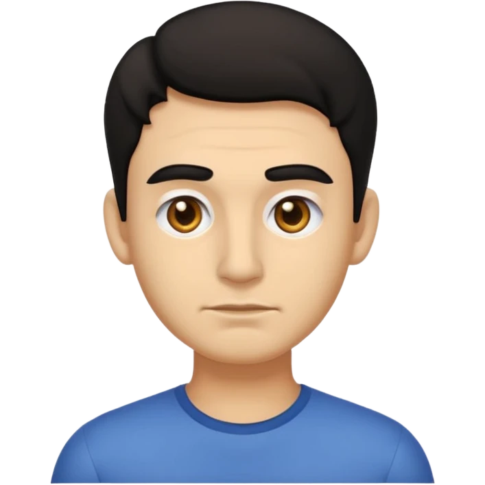 emoji a medio cuerpo hasta la cintura, hombros anchos, de un hombre, con cejas gruesas inclinadas hacia abajo, nariz medio grande, hombros anchos, sin sonrisa, hombros anchos, cabello ondulado con un corte adolecente, cabello negro. ojos negros. emoji