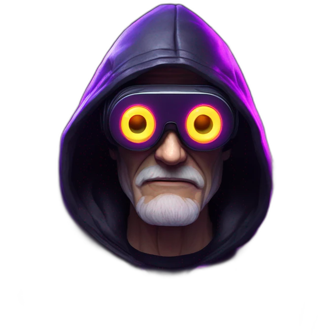 Russian old man wearing a black hoodie with "OMG" letters on it and VR headset in a cyberpunk VR environment with violet neon lighting. emoji