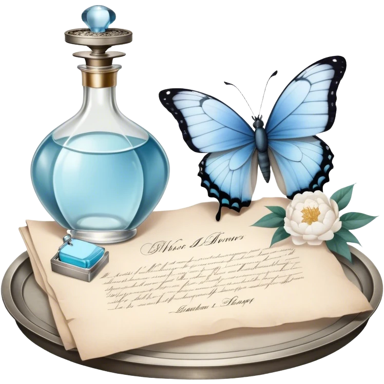 A nostalgic evening scene where an open love letter, with elegantly fading ink, lies next to a silver tray holding a vintage perfume bottle. A single pale blue butterfly lands gently on the aged parchment, as the soft scent of jasmine and peonies fills the air. emoji