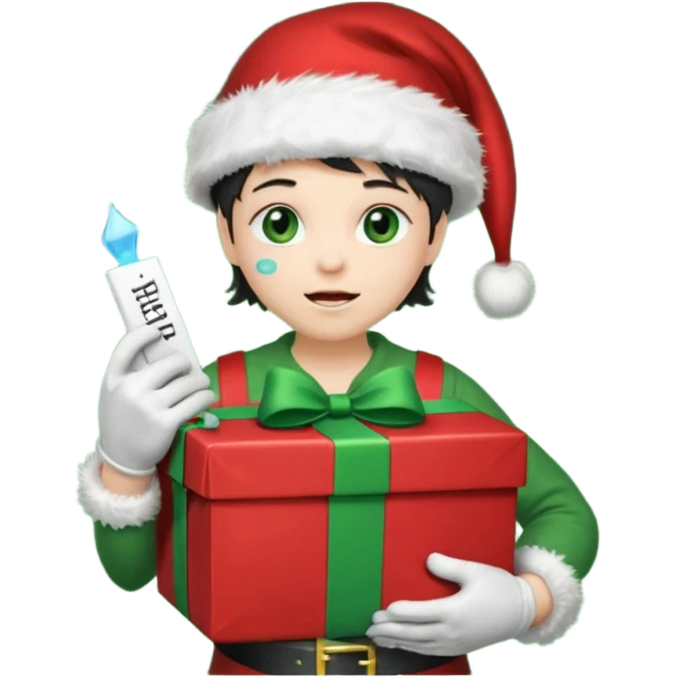 appears to be a naughty list with the words "NAUGHTY" written on top of it. It is sad with tears and wearing a Santa hat and has green boots and gloves. It is holding a present-looking chest in it's hands with coal inside. emoji