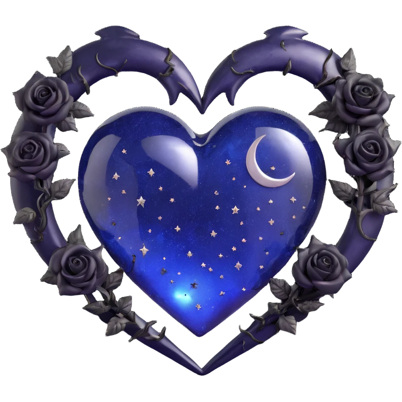 gothic heart made of midnight blue glass, adorned with a silver crescent moon, tiny black roses, shimmering stardust, lightning bolt effect, rain-soaked appearance, cracked glass texture emoji