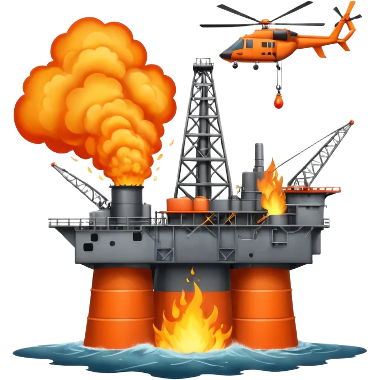 Oil rig in the sea exploding and a helicopter above emoji