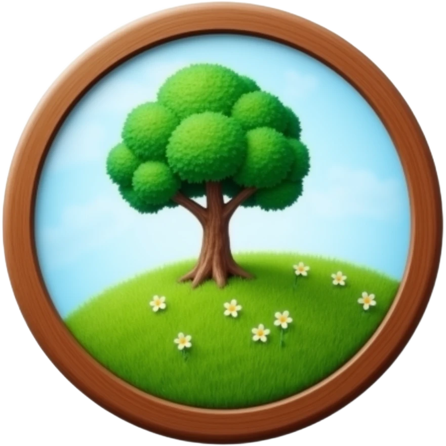 circular logo with a tree and grass, skeuomorphic, rich colors, beveled edges, polished, realistic look, pre-2010 icon design emoji