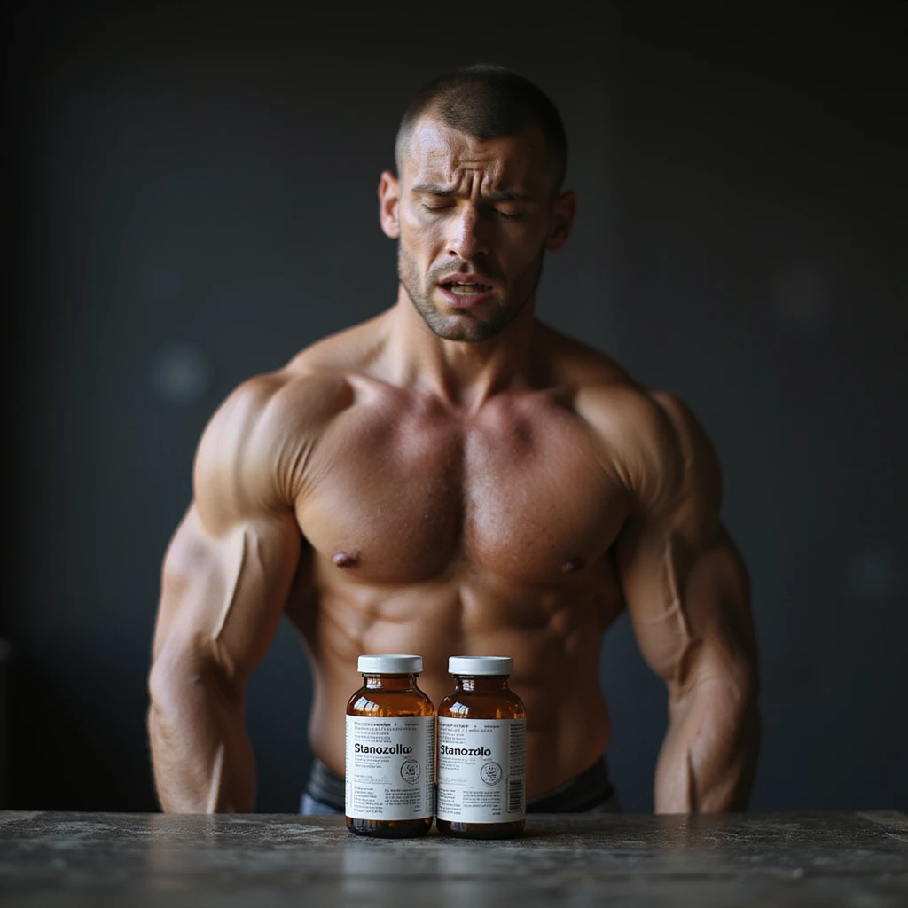 realistic photo of a crossfit athlete with a painful expression, showing joint problems all over the body, rigid posture, prominent muscles, next to him vials labeled 'Stanozololo', natural light, gym background emoji