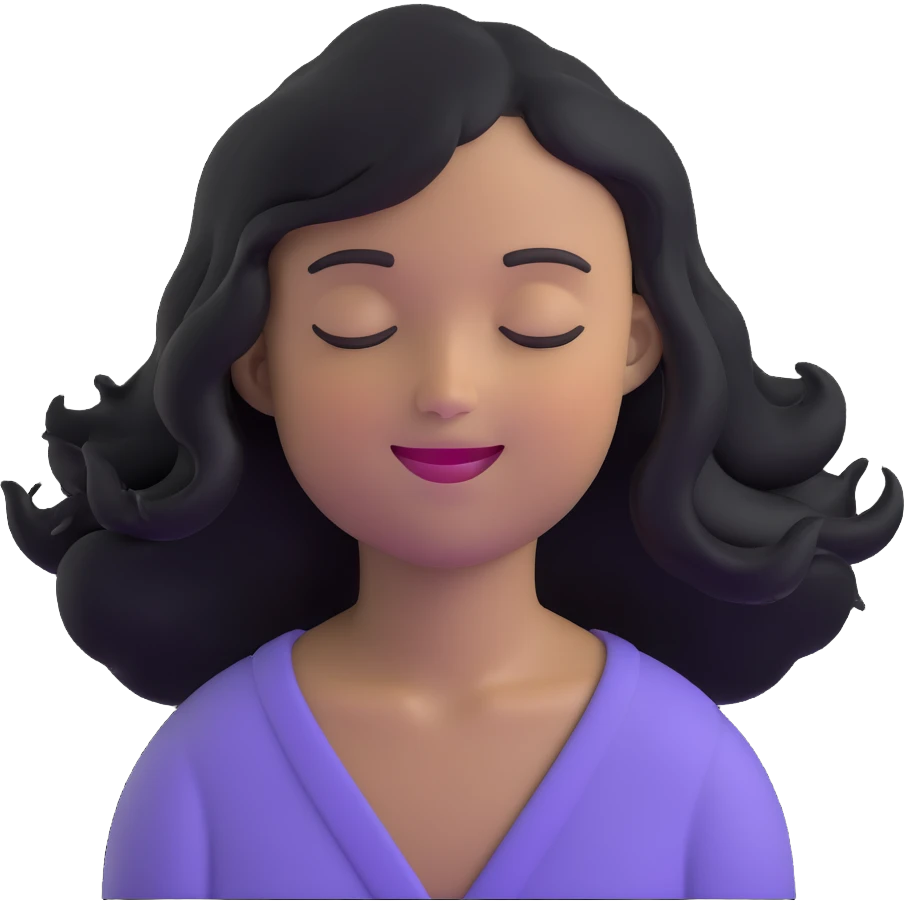 person with eyes closed smiling feeling a refreshing breeze with hair gently flowing emoji