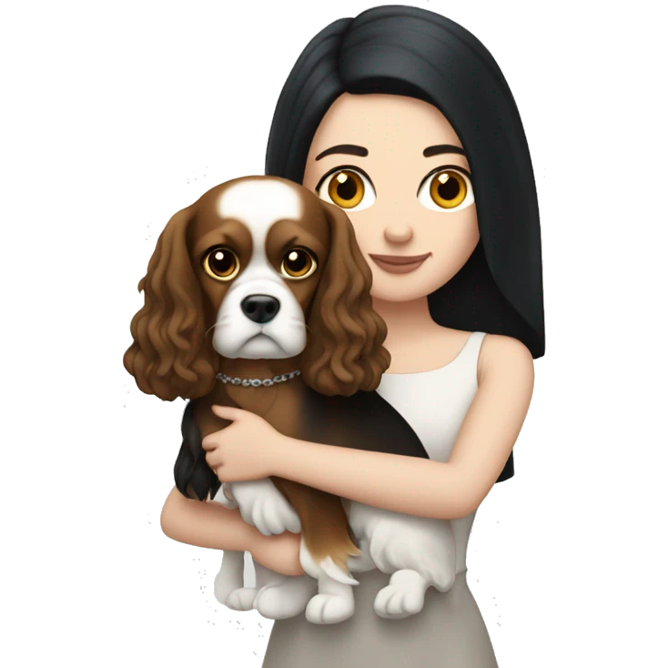 pale white girl with black hair holding a king charles emoji