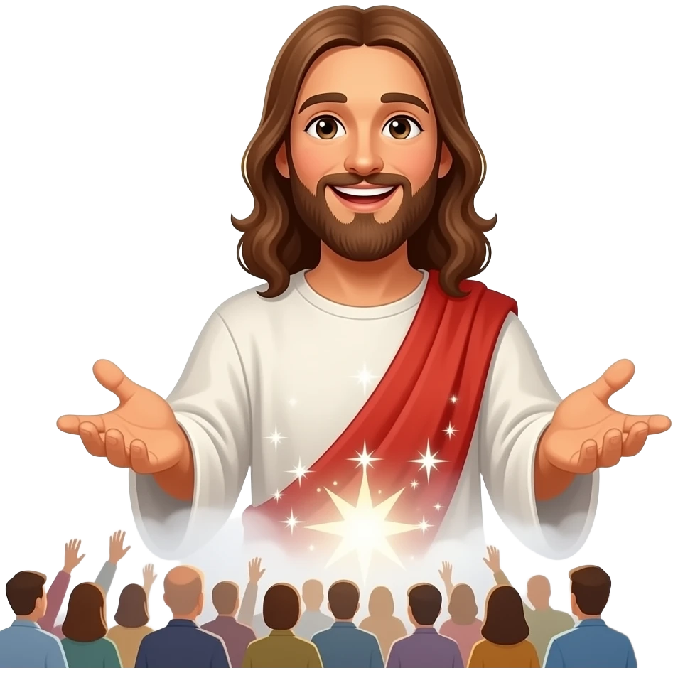 Jesus performing miracles with his hands which hold a mystical magic mist with sparkles and with a smile on his face And his hands stretched out on a crowd of people emoji