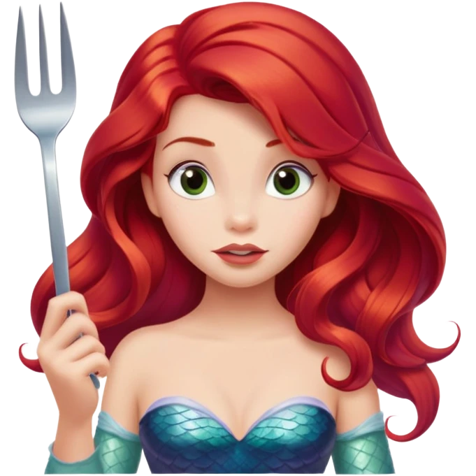 Disney Ariel mermaid with red hair holding a fork, curious expression emoji