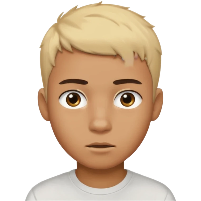 Short buzz, messy blonde hair. Dark brown bushy eyebrows large expressive golden-brown eyes, wearing a plain white t-shirt. Male Teenager. Brown skin color.  emoji