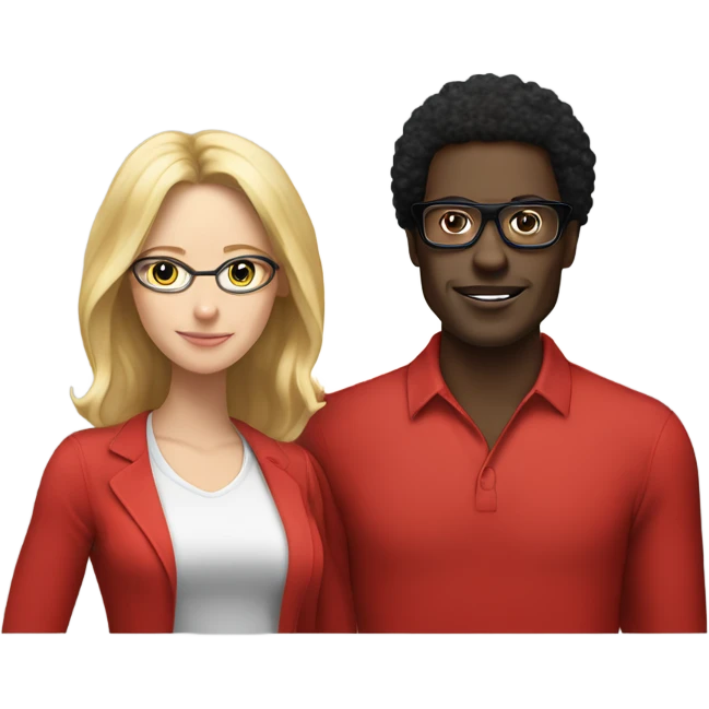 “black man with black afro and glasses and wearing a long sleeved red shirt standing next to a white woman with long blonde hair” emoji