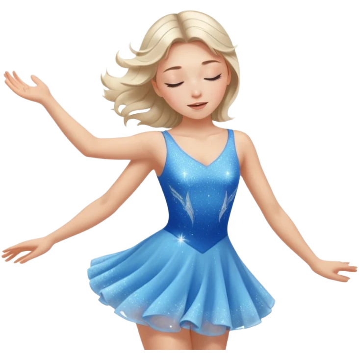 The ice skater girl in the sparkling blue dress spins gently with her eyes closed. emoji
