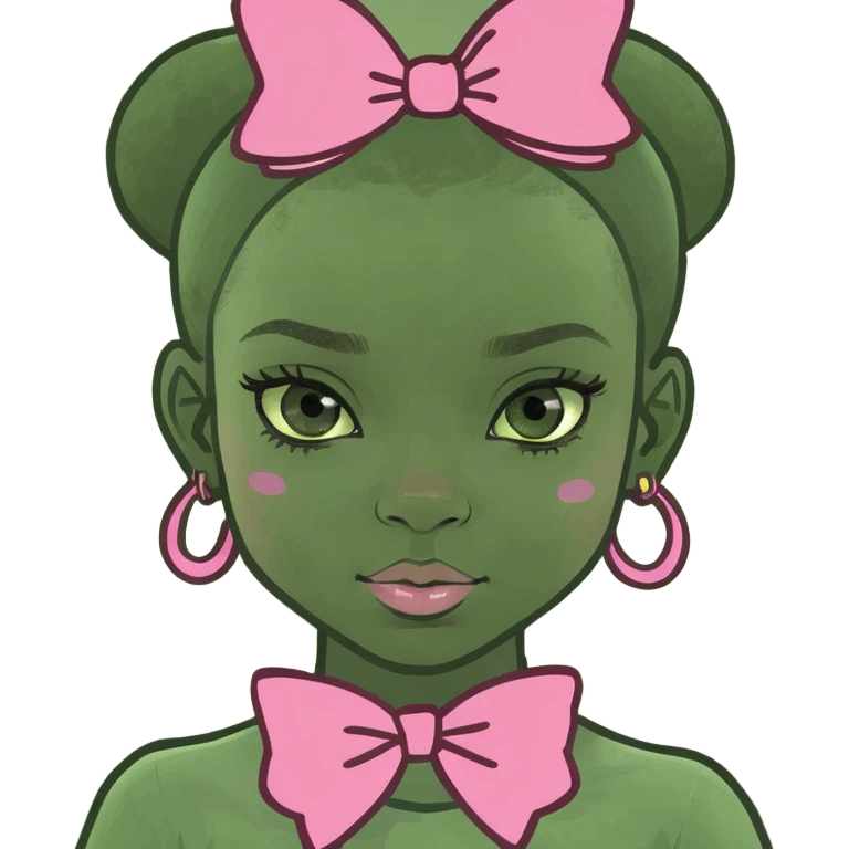 African American girl with green eyes and pink bow emoji