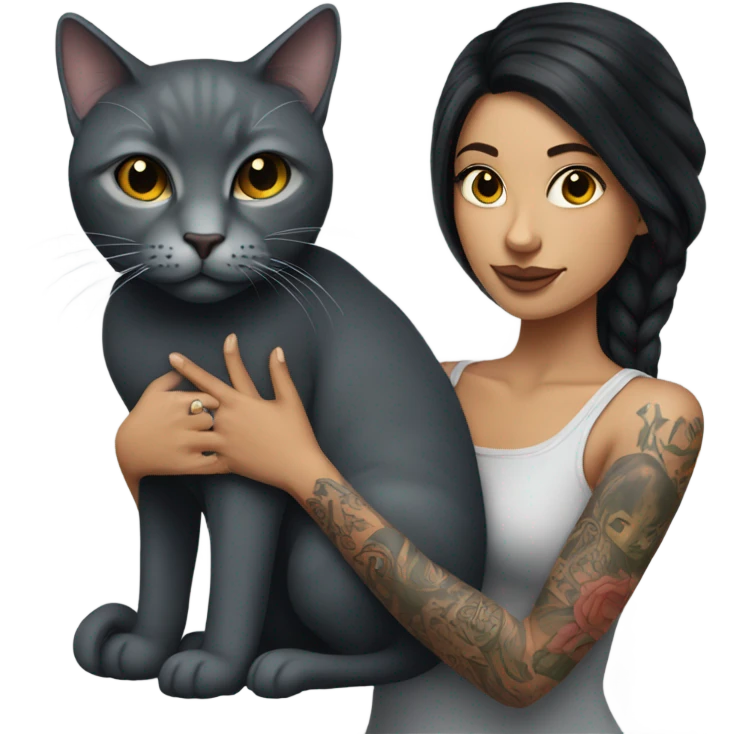 Tattooed dark haired woman holding long hair grey cat emoji