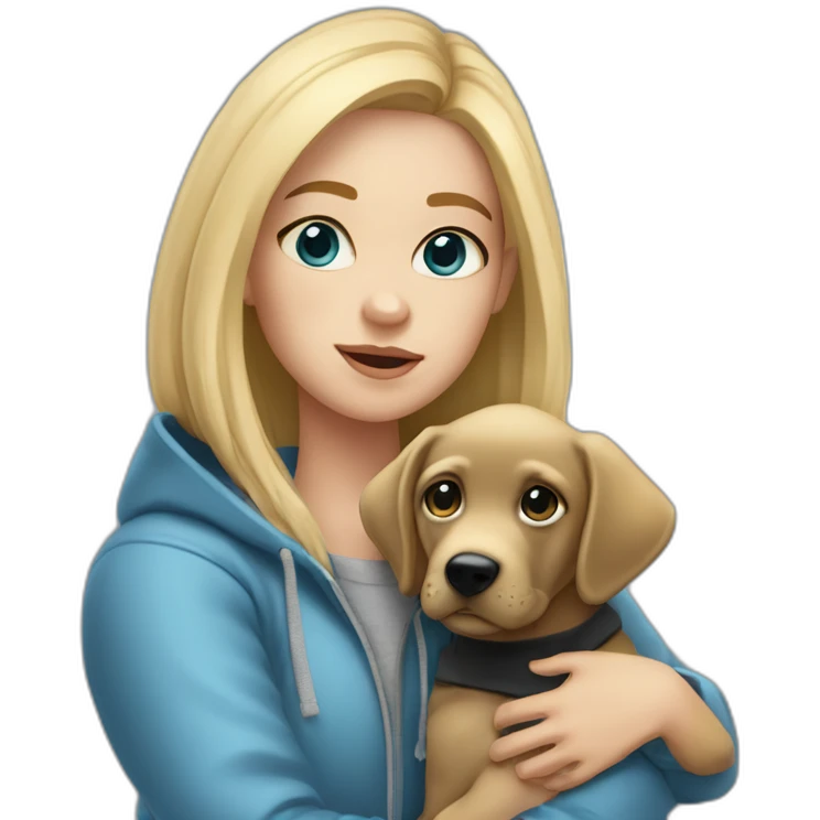 A blonde girl  with blues eyes, with smooth hair and a ray,she has light skin a few freckles, and she wear a hoodies and she Carries in his arms a black baby labrador dog  emoji