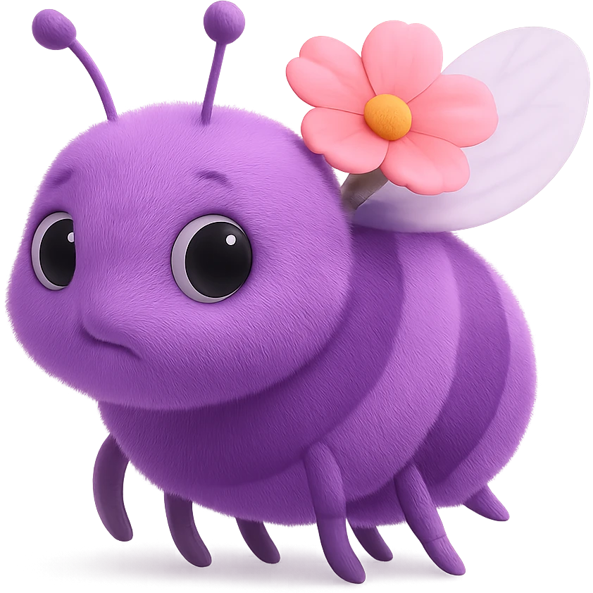 A 3D emoji of a purple bee, facing left, with a neutral expression, detailed texture on its body, slightly blurred wings, and a small flower on its back. emoji