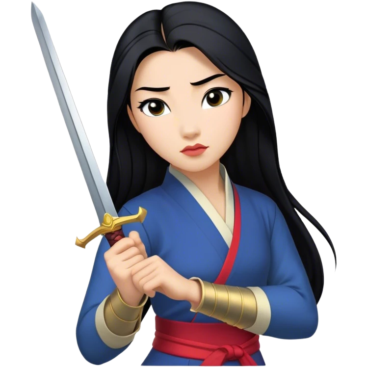 Cinematic Realistic Mulan Portrait, depicted with lifelike skin texture, soft natural lighting, and intricately detailed long black hair styled elegantly. Her deep, expressive eyes exude determination and grace, complemented by a serene yet confident expression. She stands with one hand resting on the hilt of her sword, the other by her side, exuding strength and poise. She is dressed in her classic attire, with rich fabric textures and delicate folds that catch the light beautifully. The portrait features a soft, enchanting glow with a natural, radiant finish, capturing the essence of timeless strength and beauty in a realistic and painterly style, evoking a sense of depth and authenticity. emoji