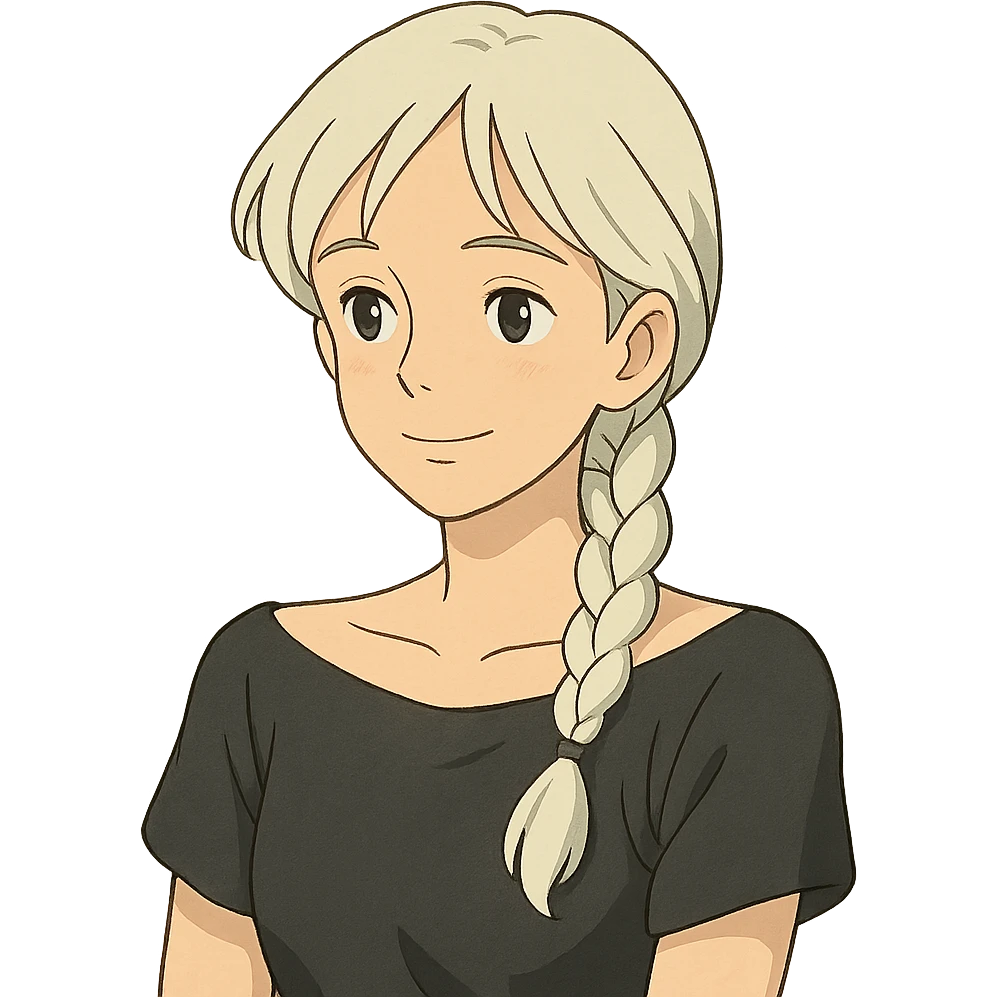 young woman psychologist, white braided hair, black off-shoulder shirt, gentle expression, ghibli style emoji