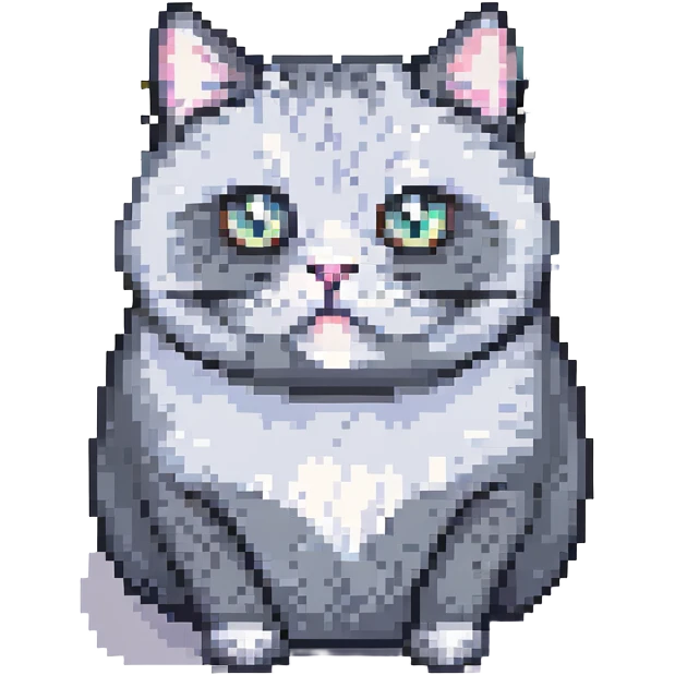 a chubby gray cat with big eyes, pixel art style emoji