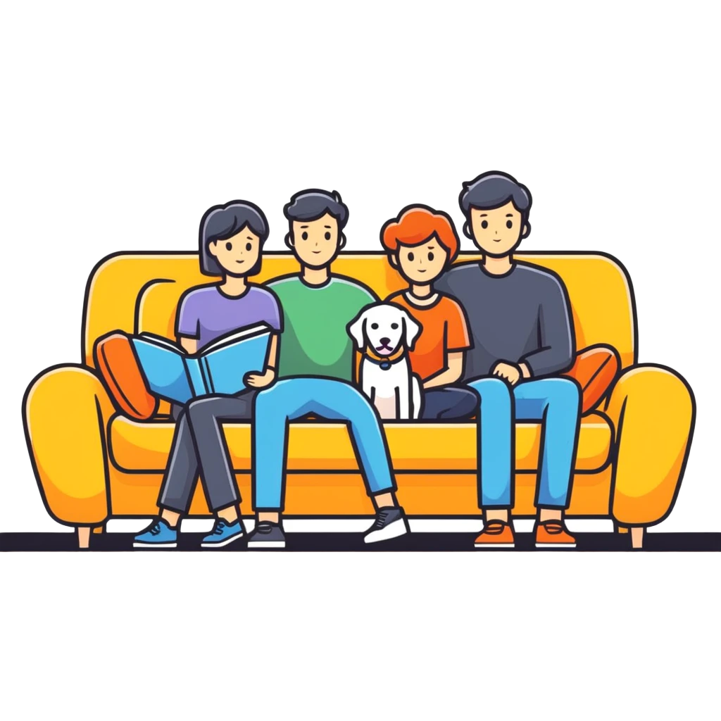 Man, woman, boy and a dog on a couch emoji