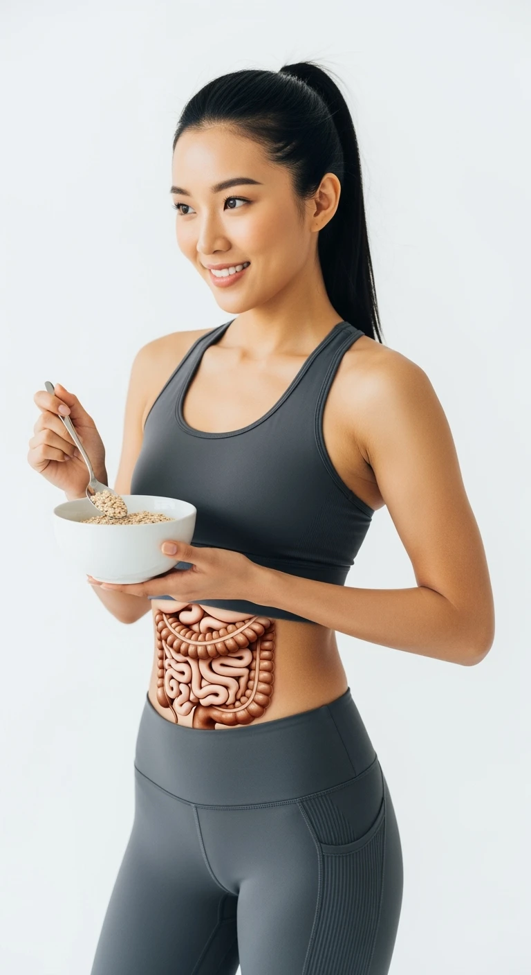 donna con bowl di avena in mano e intestino in evidenza, isolata su sfondo bianco emoji