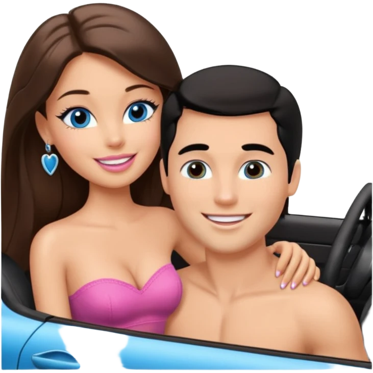 Barbie brown girl with brown eyes long brown hair and sexy shirtless white man with black hair blue eyes kissing in car emoji