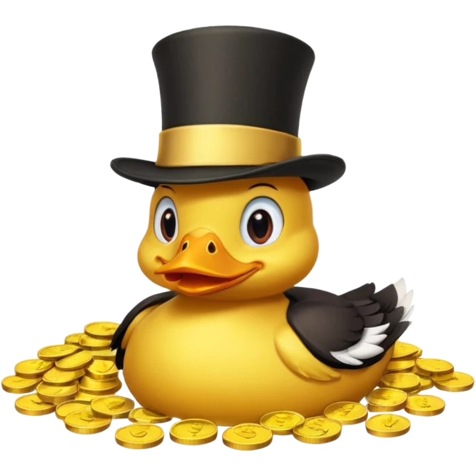 Duck character in top hat swimming in pile of gold coins and money bags emoji