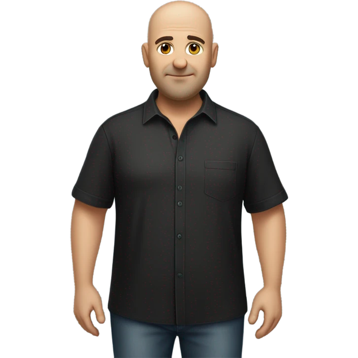 A slightly overweight middle-aged Italian man with olive-toned skin with bald hair and no facial hair. He is wearing a sleek black smart shirt, casually unbuttoned at the top. emoji