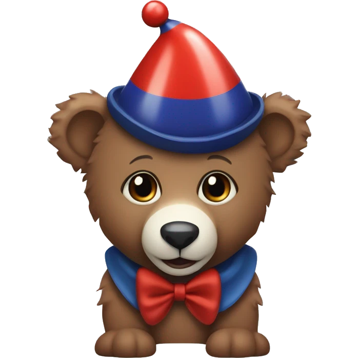 Brown baby bear. Wearing jester collar and a clown hat. The clown accessories are Red, Navy, And white. emoji