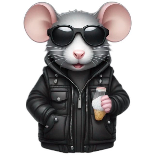 badass rat in black bodywarmer wearing sunglasses holding a small half-filled plastic bag of powdered sugar emoji
