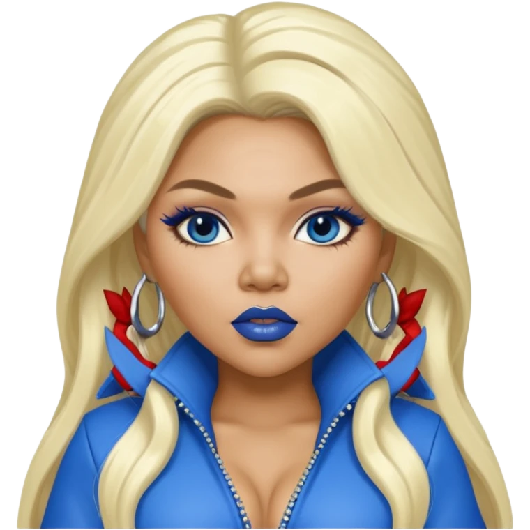 Lil Kim with long platinum blonde hair, blue lip and outfit emoji