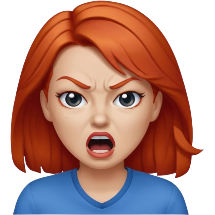 mujer pelirroja con los ojos y los labios maquillados enojada gritando con remera azul emoji