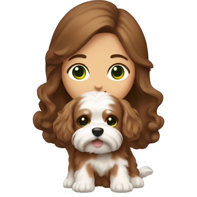 A girl with green eyes and long brown hair is holding a brown Maltese dog with curls on its coat emoji