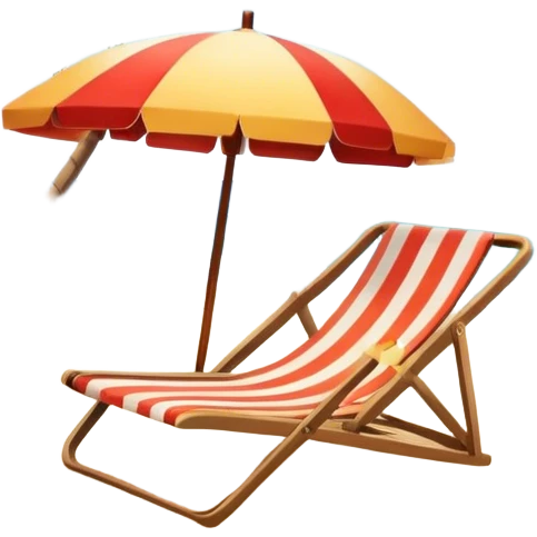 Icon for Beach Tourism: a sandy beach with a lounge chair, sun umbrella and flip-flops, ocean landscape in the background. The icon should capture the relaxation and fun of a beach vacation. Transparent background emoji