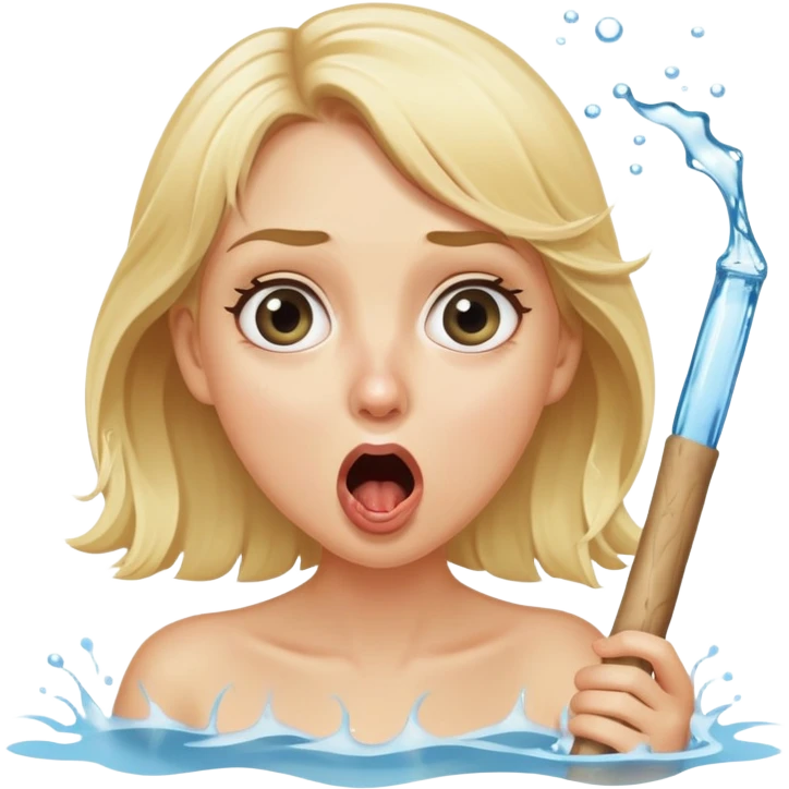 blond woman with wide eyes, holding a wide skin-colored stick with a nibble on the edge, water squirting from the stick into her mouth, shocked face emoji