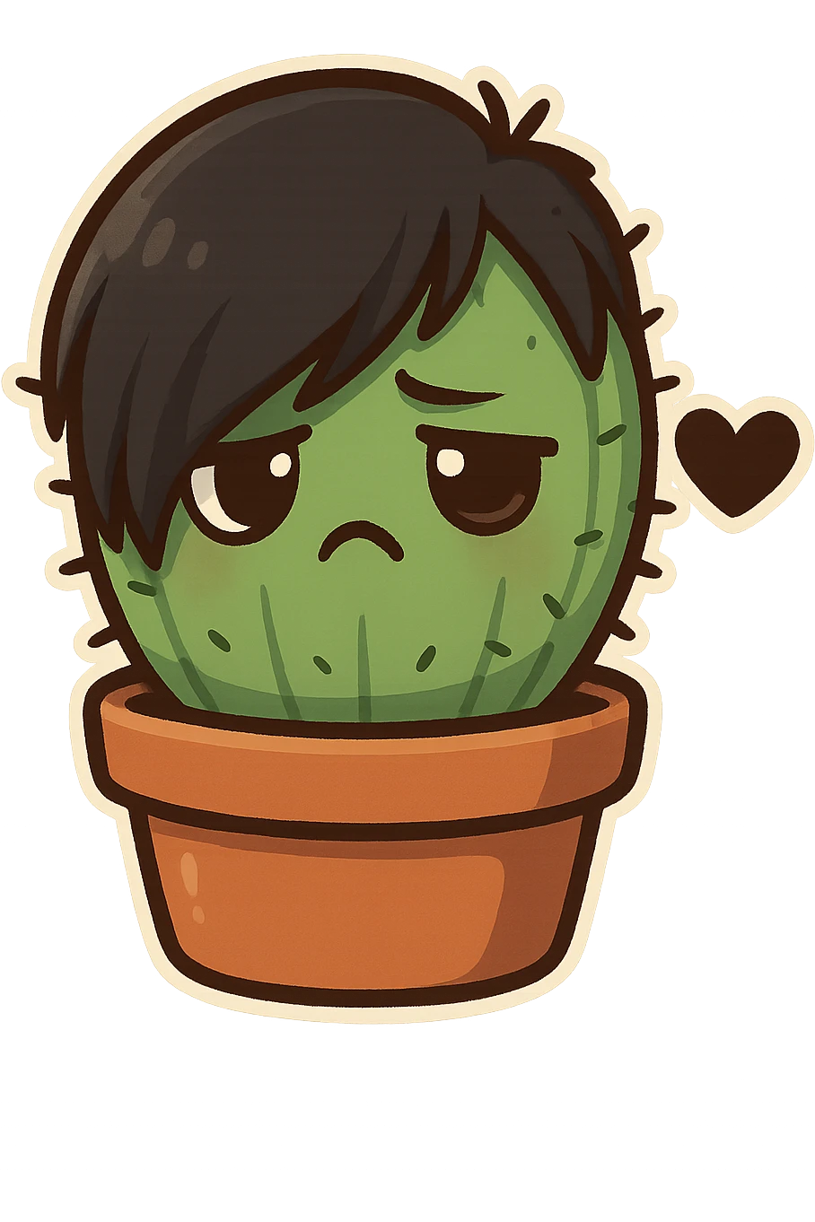 chibi sticker-style cactus with an emo face, black heart accent, cute and exaggerated emoji