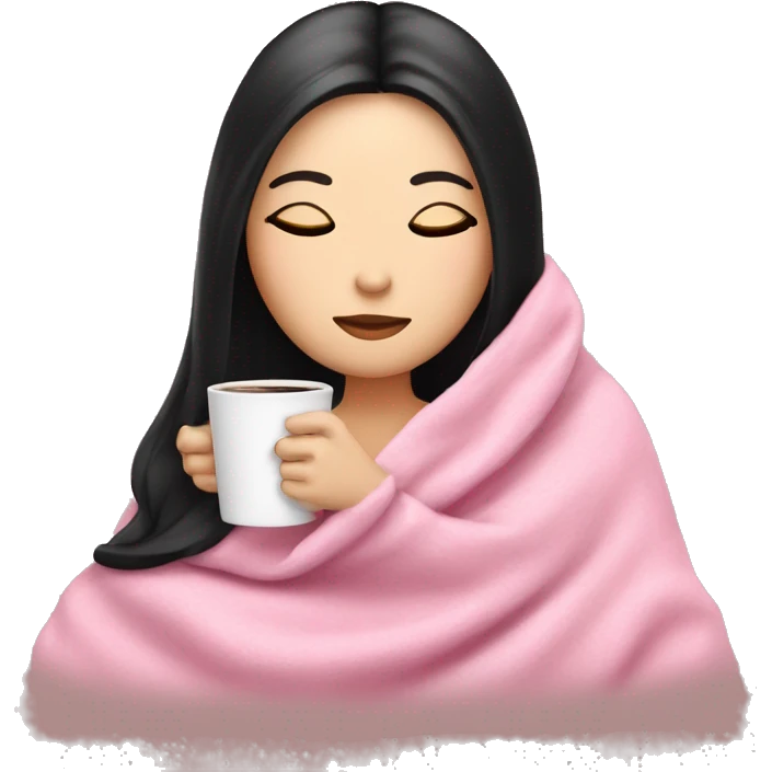 white girl with black straight hair inside a pink blanket sipping coffee eyes closed emoji