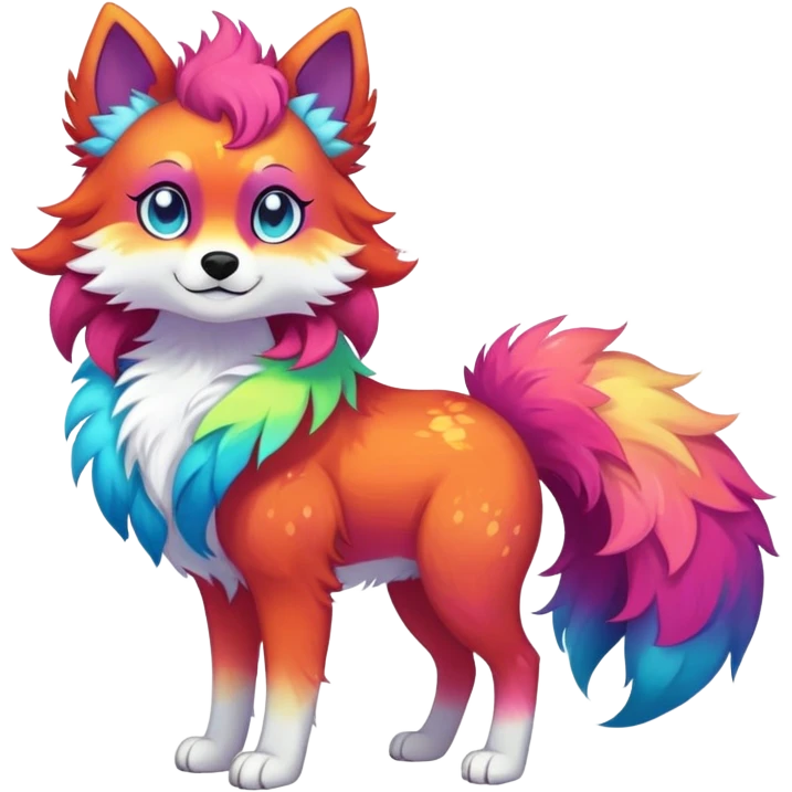 Vibrant multicolored Falvie-Fionbri-creature-sparkle-canine-fursona, full body emoji