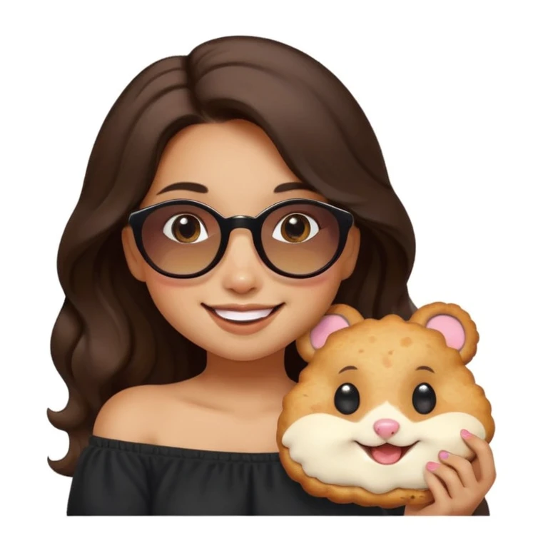 clean modern emoji of a young woman with medium skin, long wavy dark brown hair, black off-shoulder top, friendly smile, warm eyes, quirky hamster with round sunglasses munching a cookie on her shoulder, gentle pastel gradient background, cheerful contemporary fun-loving style emoji