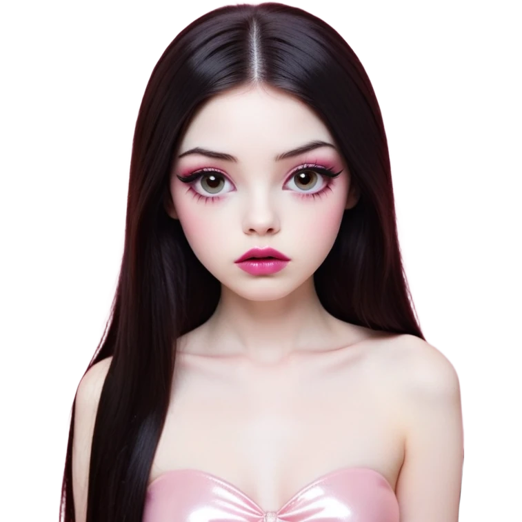 girl with white skin, dark brown long realistic straight hair with middle part prominently falling in front of her body over her shoulders, very big pouty extremely glossy ultra-shiny lips with nude reddish-pink lip gloss and absolutely no cupid's bow, big round eyes with very black shiny eyeballs and huge eyelashes, no eyeshadow, pink blush on cheeks, lighter button nose, exceptionally elongated very long oval-shaped face, wearing a pink off-shoulder top, looking directly at camera with hands down at sides emoji