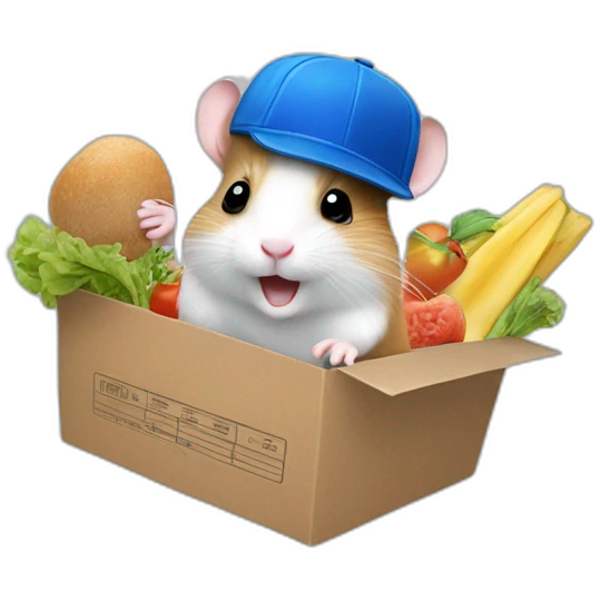 jumping up in the air hamster with blue hat on and with groceries in it's hand emoji
