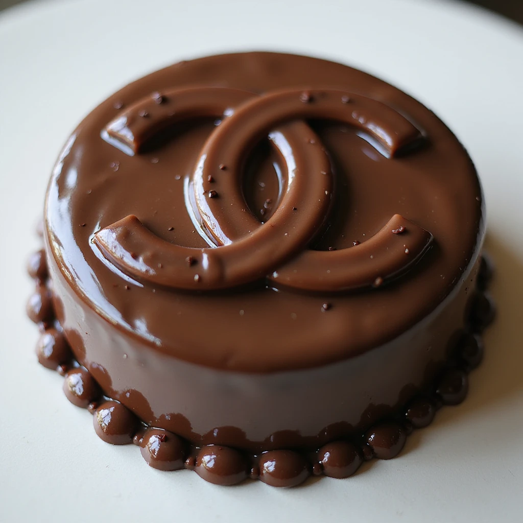 photorealistic chocolate Chanel logo cake, glossy finish, no background emoji