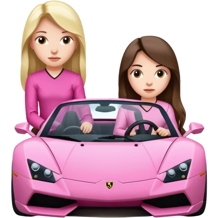 Make car far away so I can see full car Car facing forward in sports car. Make hair long  two girls in car far away Front of car sitting in the seats. Make it a pink sports car. They are two baddies make it a Lamborghini pink car  emoji