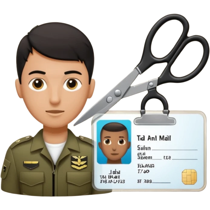 Floating black Scissors cutting in half an idf soldier ID card with a little chip in 2 parts emoji
