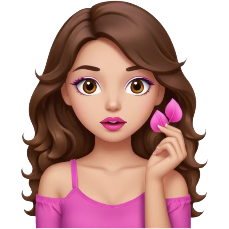 girl with long wavy brown hair, brown eyes, light to medium complexion, in a pink sexy top, pink lips, long lashes, shhhh emoji