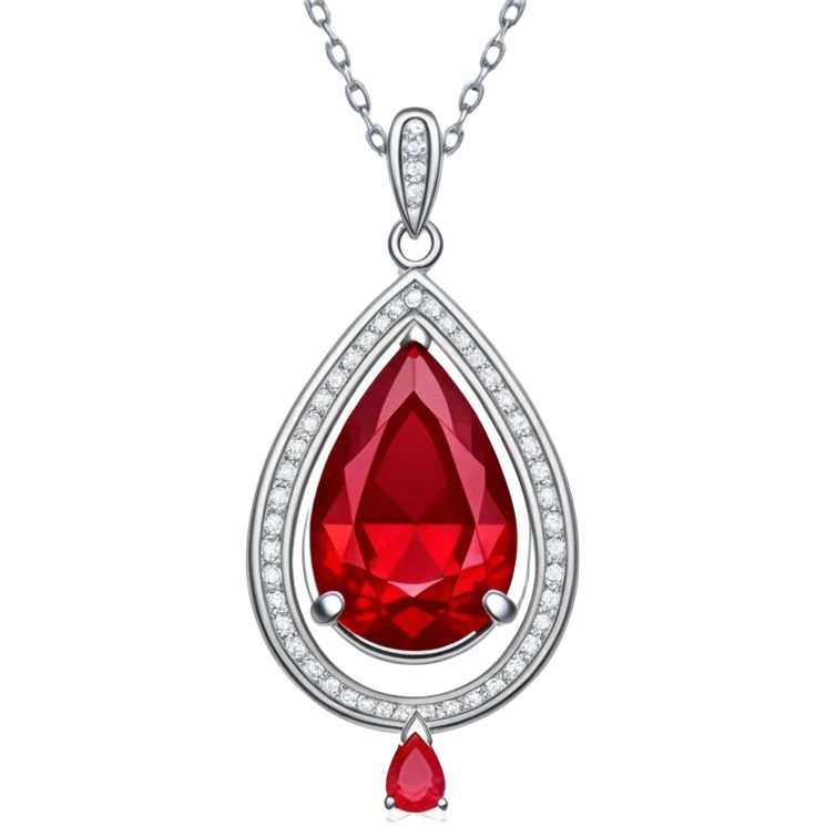 enchanted ruby talisman, teardrop shape, glowing with life force, encircled by white stones on a floating silver chain emoji