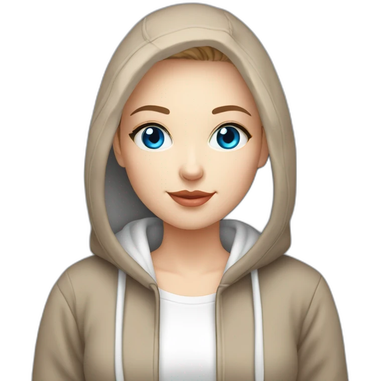 beautiful girl with computer,blue eyes,beautiful girl with short hair with computer,blue eyes,white skin, makeup, hoodie,short light-brown hair,p emoji