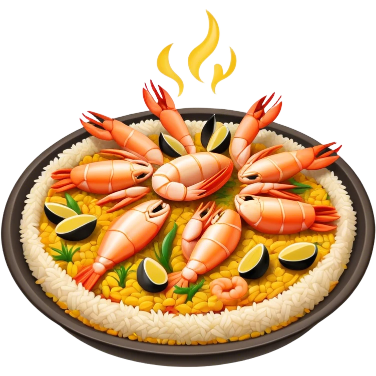 Cinematic Realistic Paella Dish Emoji, depicted as a vibrant, aromatic rice dish loaded with seafood, chicken, and saffron rendered with rich textures and dynamic, warm lighting. emoji