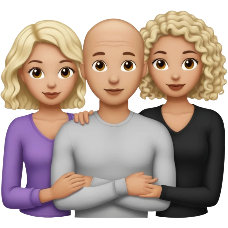 throuple tatted bald boyfriend with two girlfriends, one long blonde hair, other short curly brunette  emoji